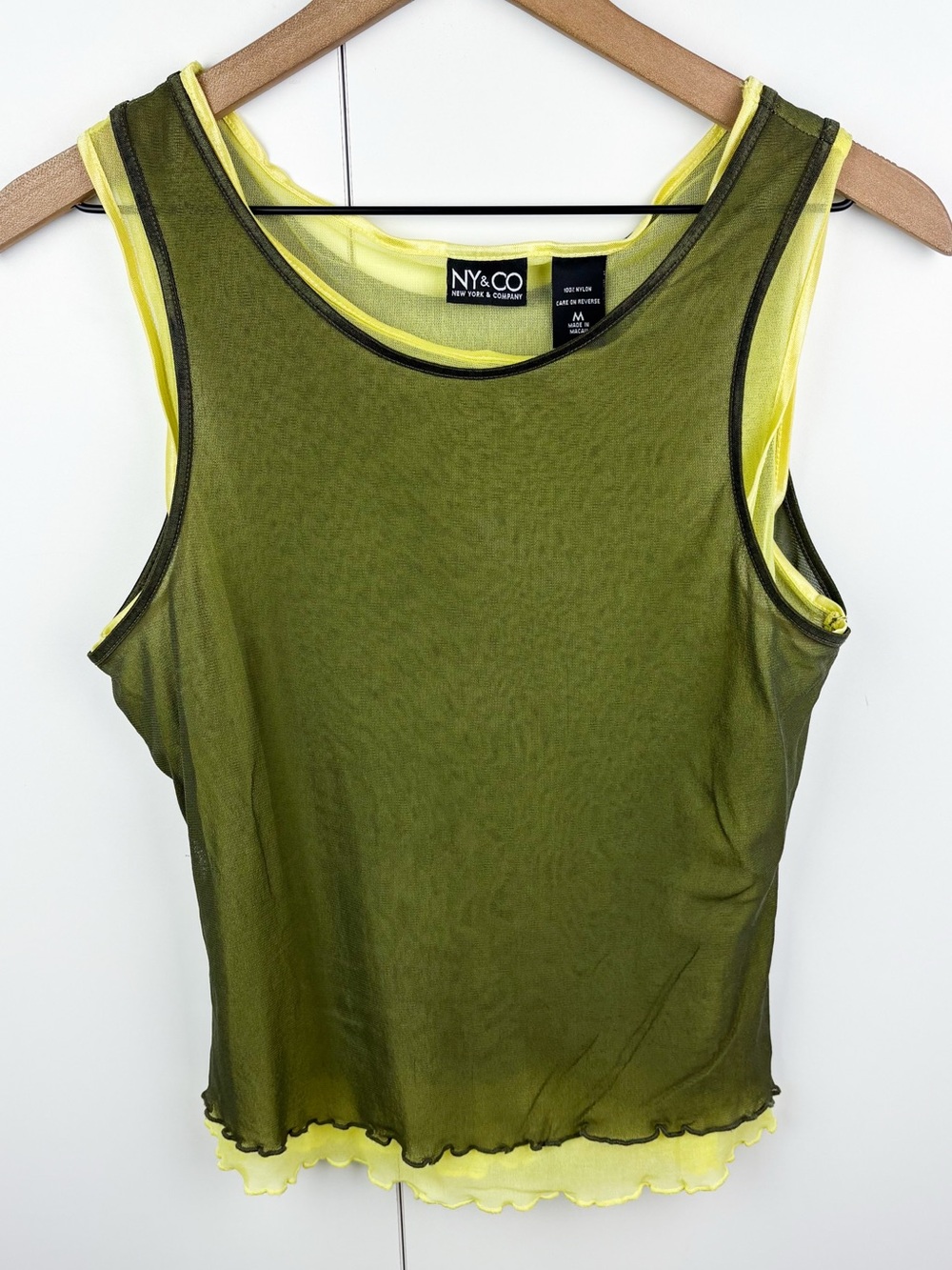 Y2K Mesh Double Layer Neon Rave Tank Top Yellow Vintage Medium Stretch Emo Alt